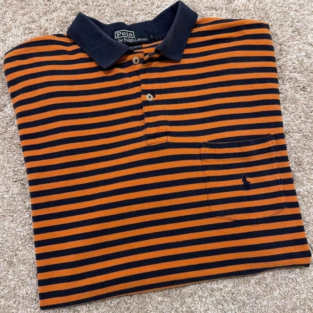 Rare 90s Vintage Polo Ralph Lauren Polo Shirt‎ | Orange/Navy Stripe | Large